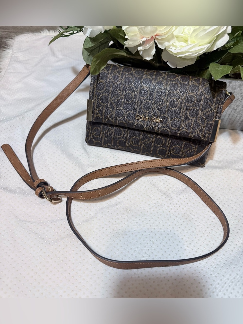 Calvin Klein Dark Brown Monogram Crossbody with Tan Strap